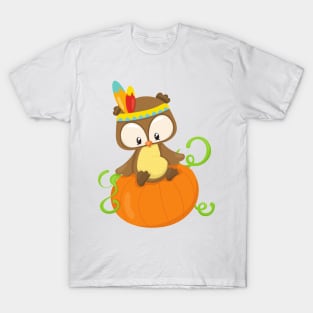 Thanksgiving Owl, Brown Owl, Feathers, Pumpkin T-Shirt